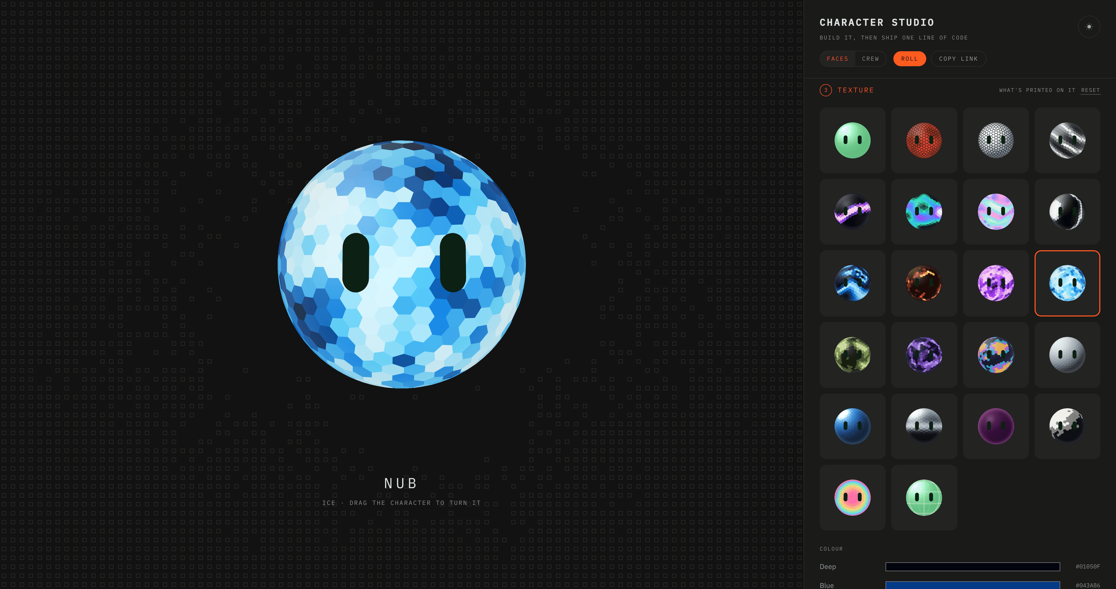 The faces.xyz studio: a character on the stage, with the surface sliders and the texture picker beside it.